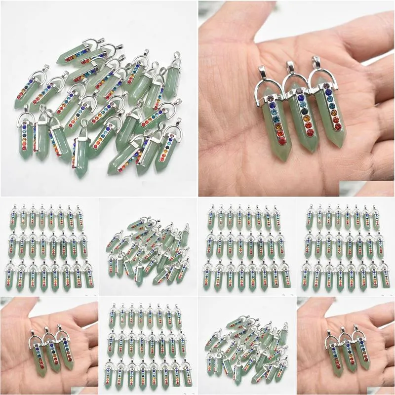 hexagon natural stone pendants 7 chakra rhinestone green aventurine charms for jewelry making necklace accessories wholesale