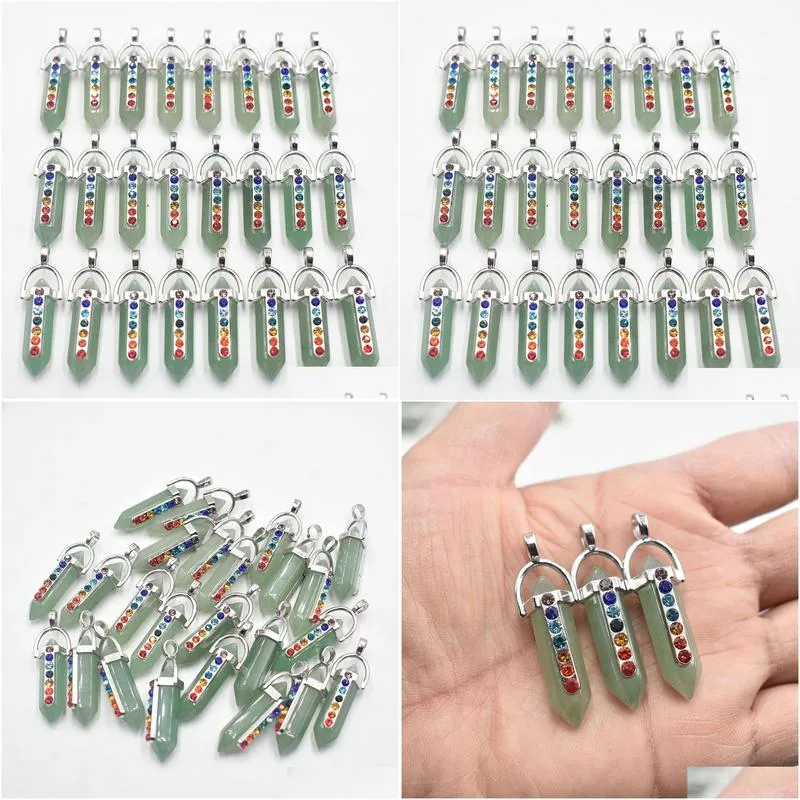 hexagon natural stone pendants 7 chakra rhinestone green aventurine charms for jewelry making necklace accessories wholesale