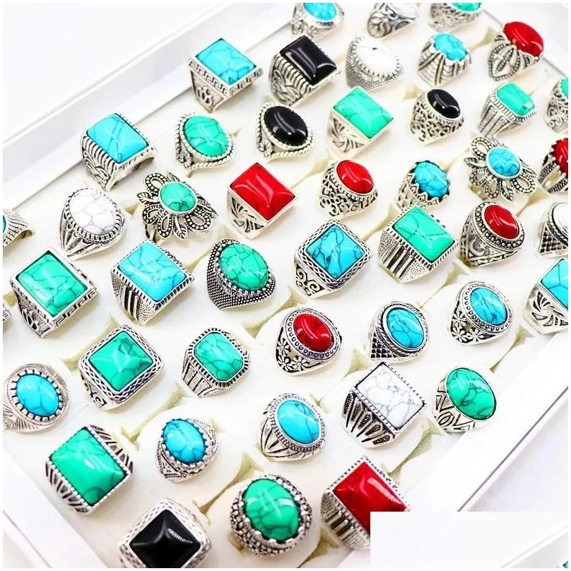 fashion turquoise stone antique silver rings for mens womens jewelry mix style size 17mm to 21mm5170271