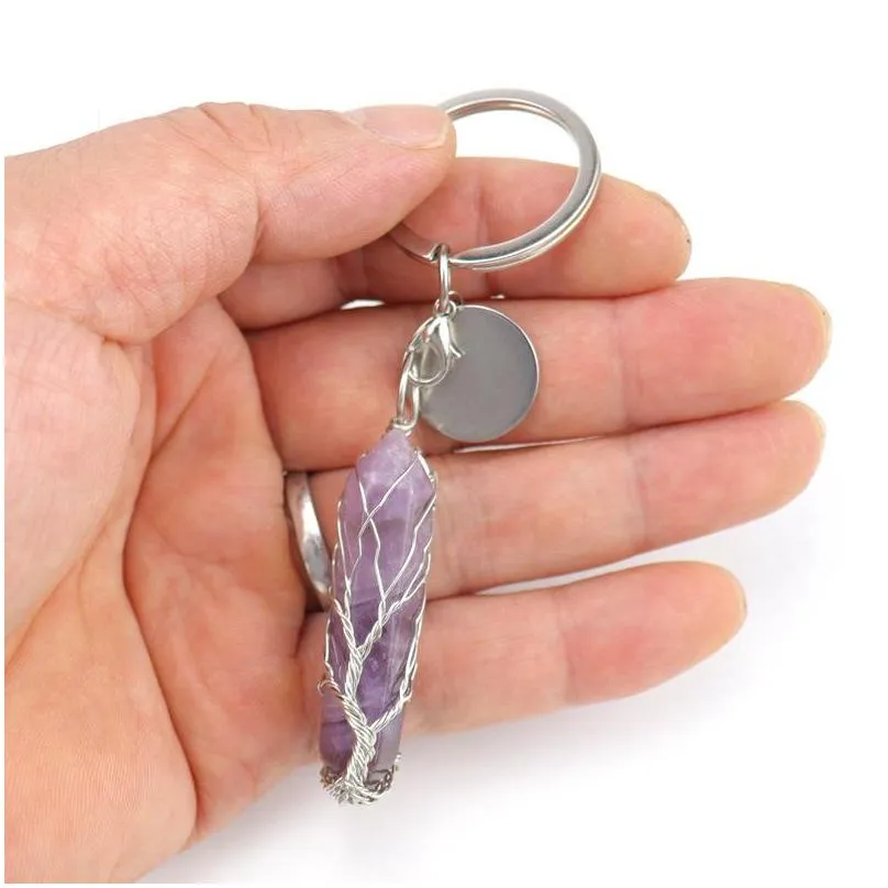 handmade tree of life key rings hexagonal prism pillar natural stone healing crystal quartz keychain keys chain key ring