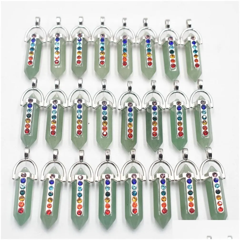 hexagon natural stone pendants 7 chakra rhinestone green aventurine charms for jewelry making necklace accessories wholesale