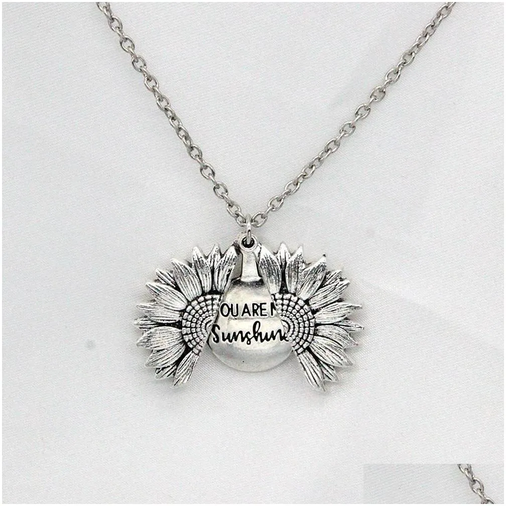 fahion sunflower necklace valentine gift gold locket can open pendant necklace you are my sunshine engraved clavicle chain for woman