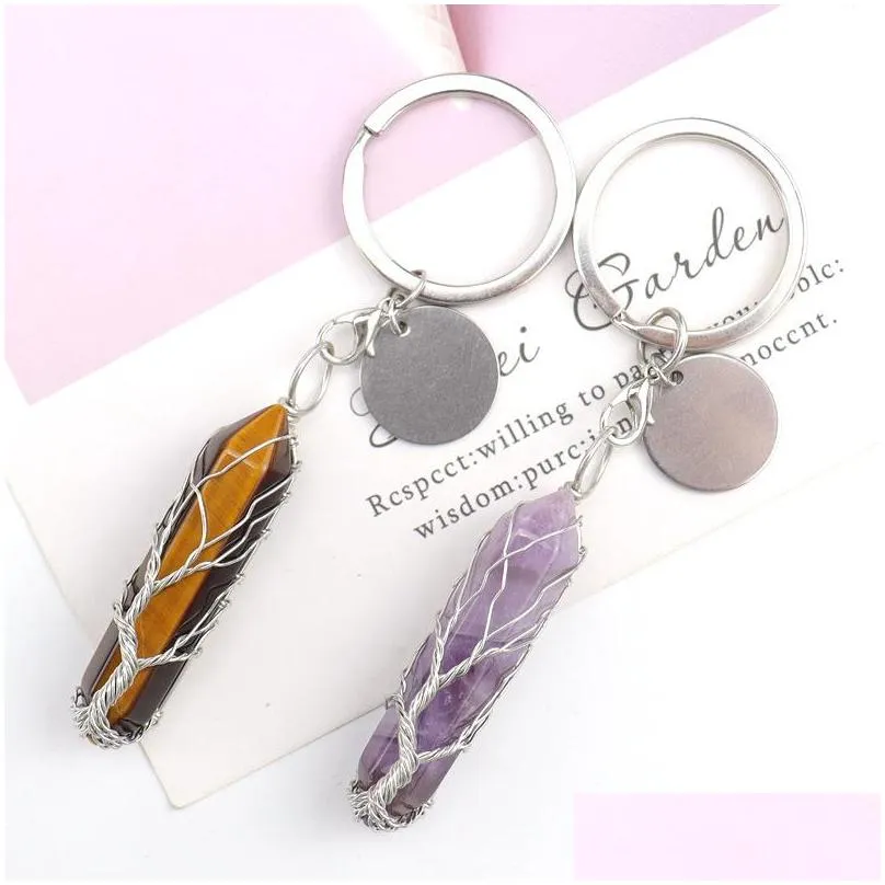 handmade tree of life key rings hexagonal prism pillar natural stone healing crystal quartz keychain keys chain key ring