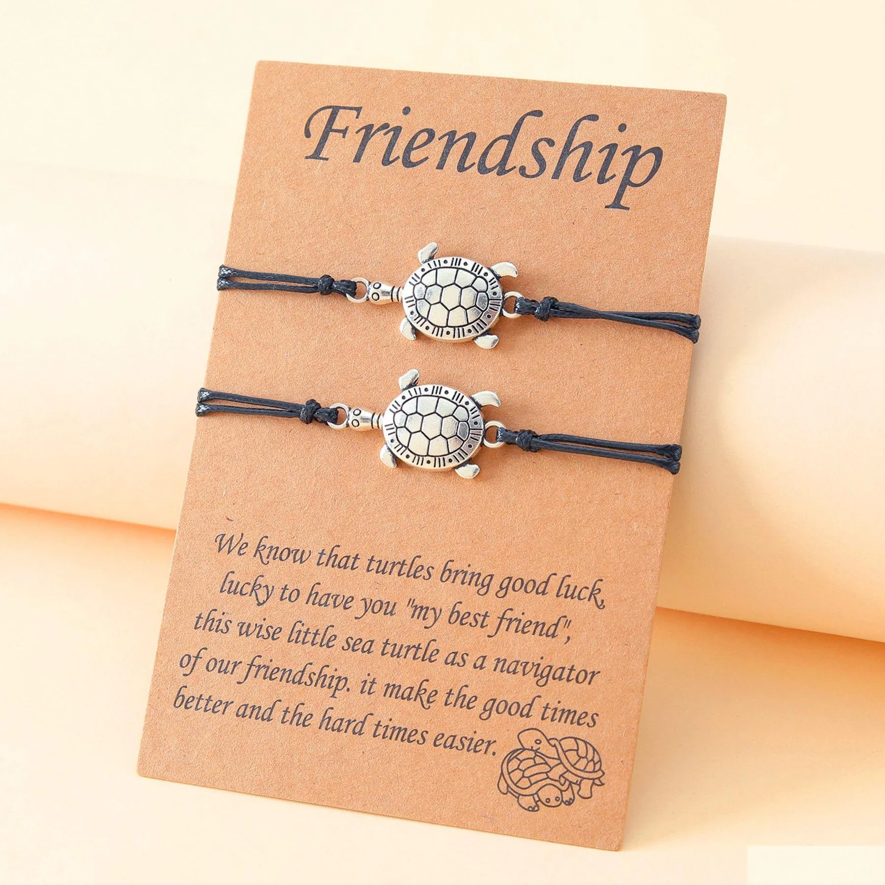 fashion personality small turtle alloy handmade friendship card hand women bracelet adjustable bangle 2pcs/set