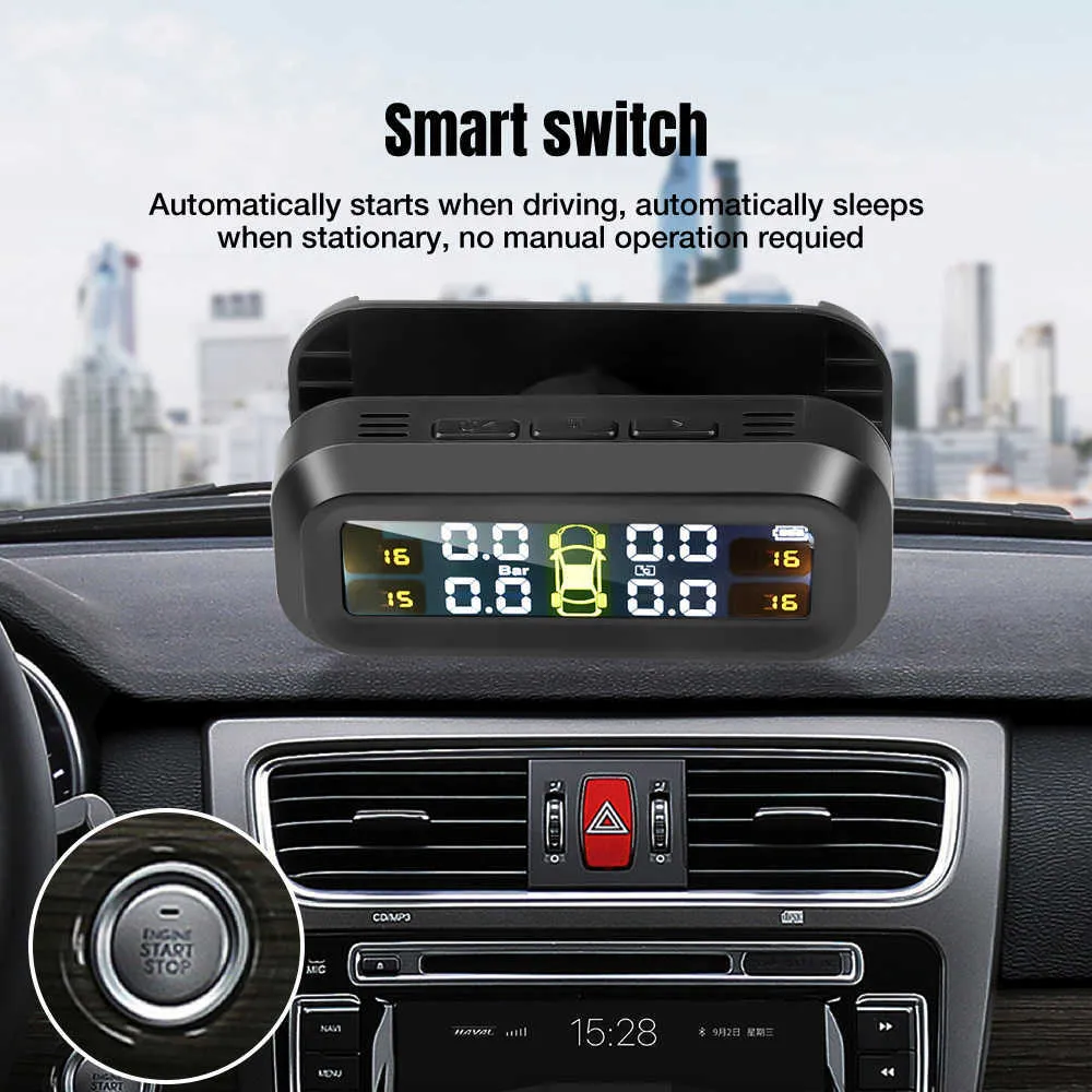 New Solar Power Tpms Car Tire Pressure Monitoring System 4 Sensors Temperature Warning Windshield Attaching Auto Driving Safety Kit