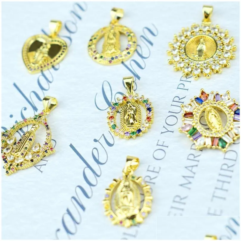 pendant necklaces gold color vermeil virgin mary medallion in round shape cz pave dainty for women necklace