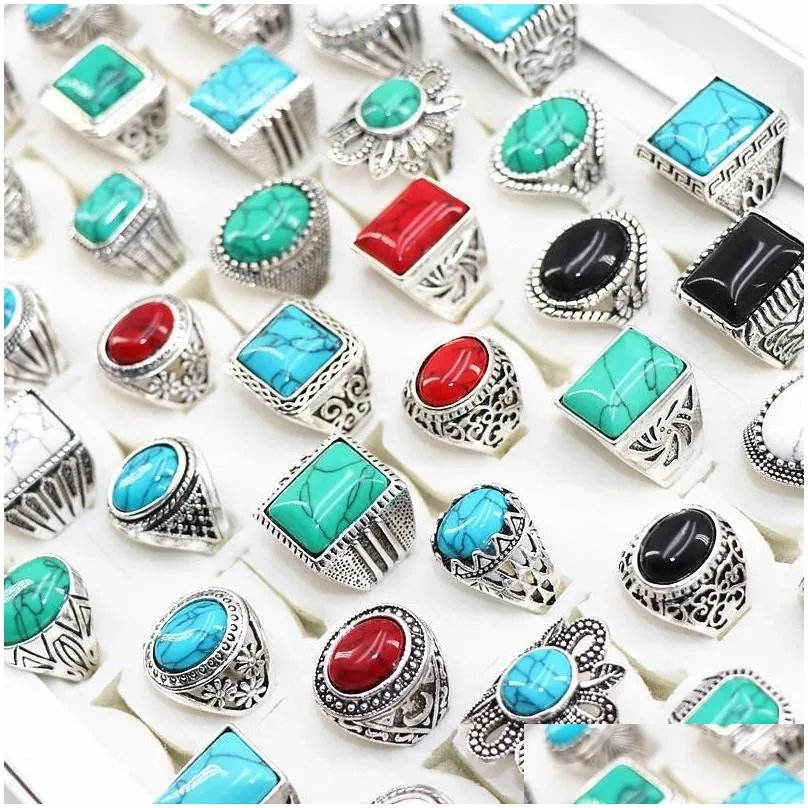 fashion turquoise stone antique silver rings for mens womens jewelry mix style size 17mm to 21mm5170271