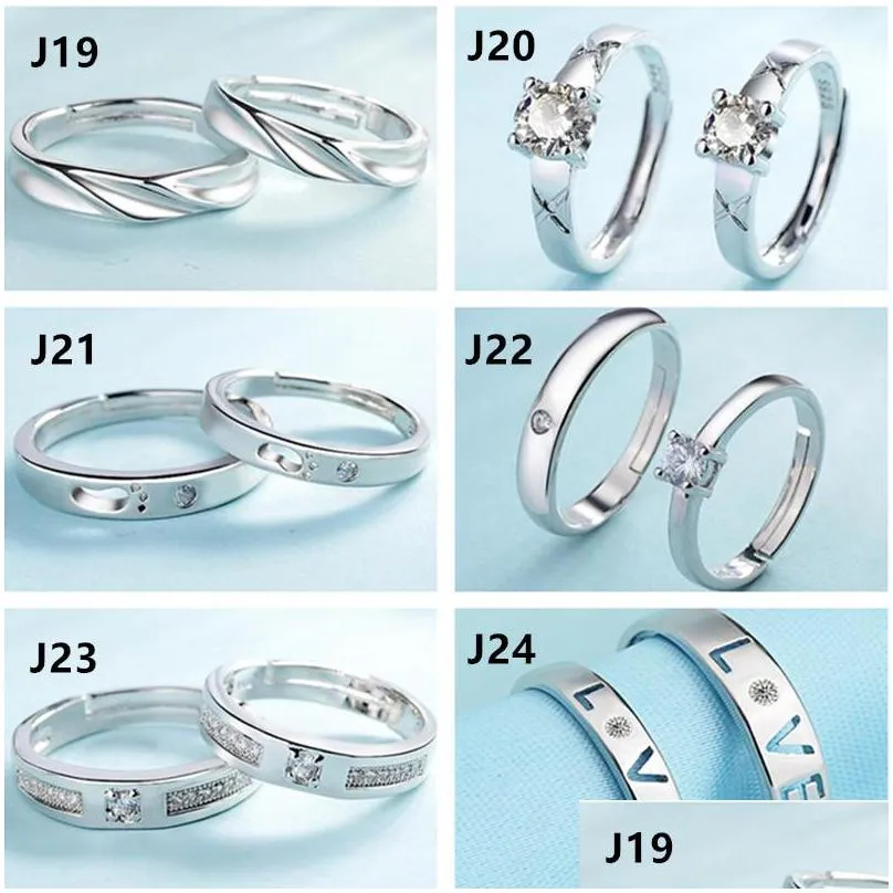 32 designs couple rings adjustable 2pc/set lovers rings 925 silver feather heart crown cross cubic zirconia rings