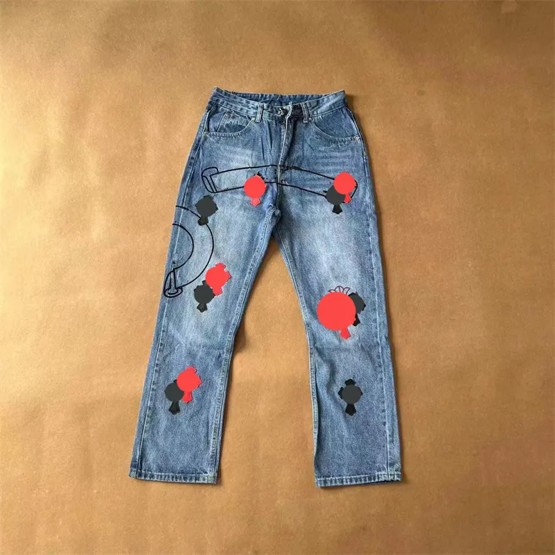 Men`s Jeans designers Jean Chrome trousers Men Heart Embroidery Patchwork Trend Brand Motorcycle Luxury Mens Skinny Jeans straight pants rock revival pants