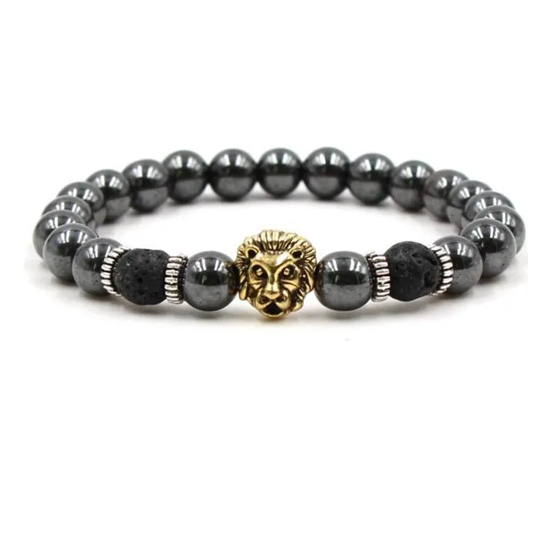 black hematite beaded strands stone lava rock bracelets alloy gold plated silver skull  owl for women men bracelet bangles jewelry