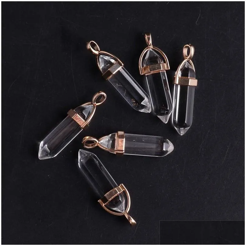 gold color natural stone rose quartz stones crystal pillar charms chakra pendants for necklace earrings making accessories wholesale