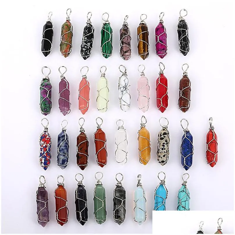 natural gem stone charms pendants opal crystal rose quartz hexagonal pendulum reiki pillar diy necklaces jewelry making