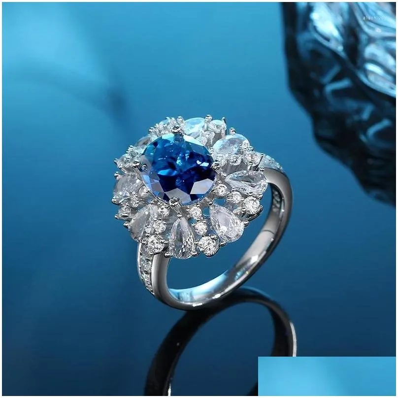 cluster rings imitation zircon ring women exquisite turquoise high carbon stone light luxury 925 silver quality gift wedding jewelry