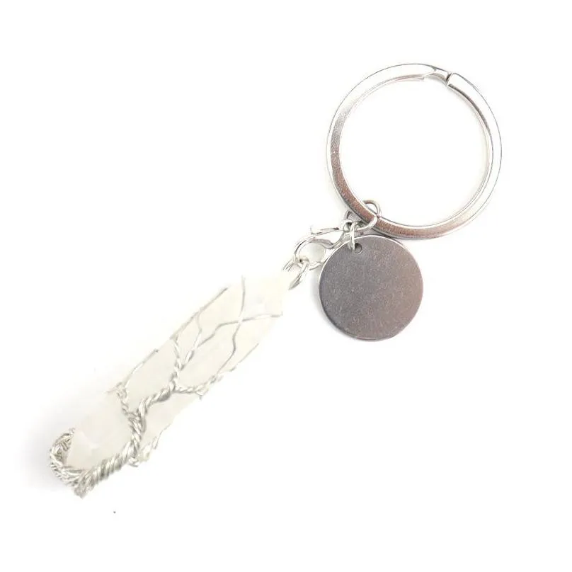 handmade tree of life key rings hexagonal prism pillar natural stone healing crystal quartz keychain keys chain key ring