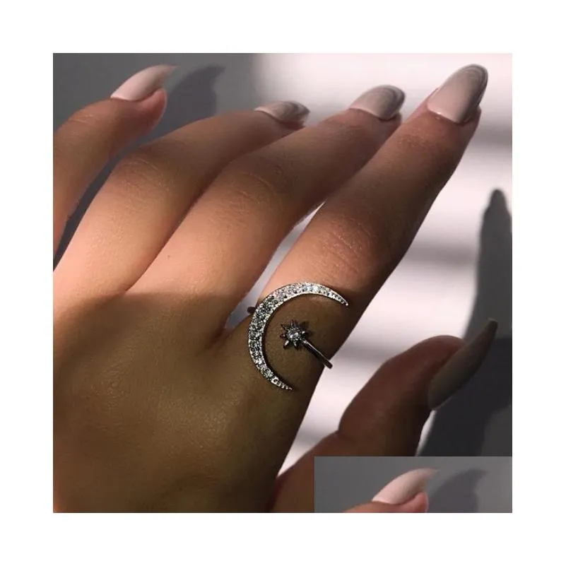 classical fashion jewelry 925 sterling silver pave white clear 5a cubic zirconia opening adjustable women wedding star moon ring gift