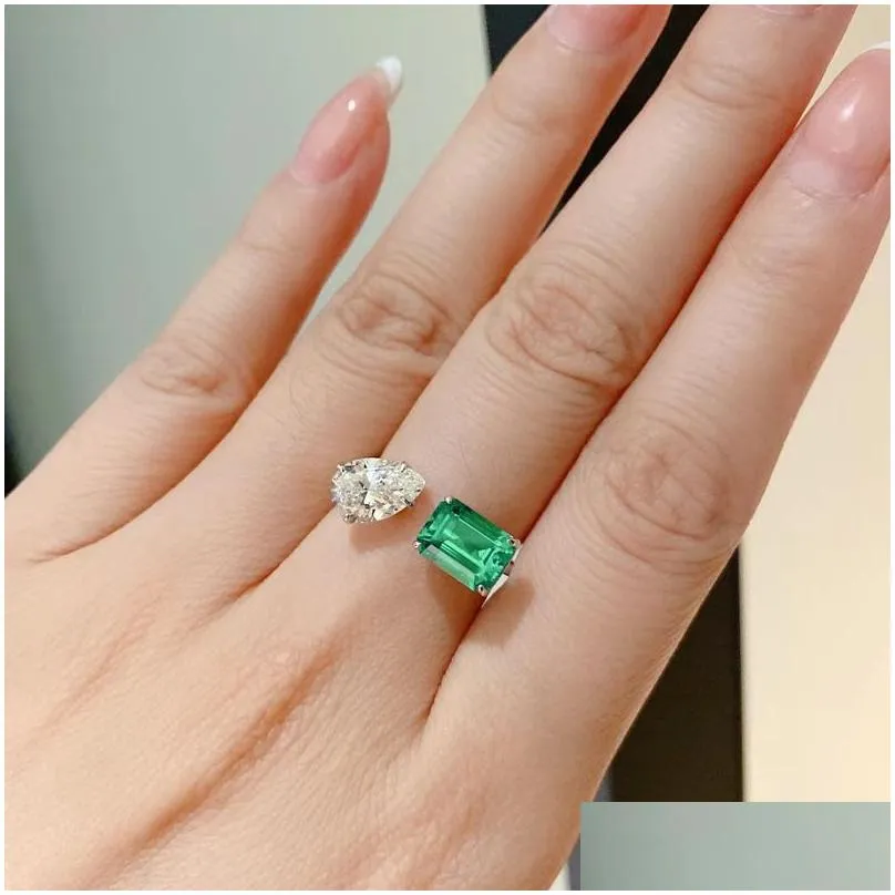 ins simple fashion jewelry wedding rings 925 sterling silver water drop emerald cz diamond gemstones party eternity women open adjusable ring