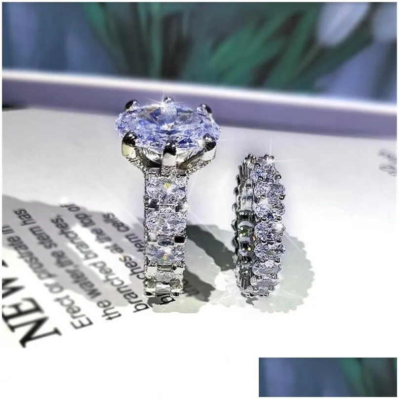 2021 new sparkling luxury jewelry couple rings large oval cut white topaz cz diamond gemstones women wedding bridal ring set