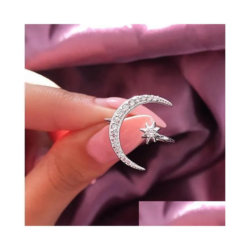 classical fashion jewelry 925 sterling silver pave white clear 5a cubic zirconia opening adjustable women wedding star moon ring gift