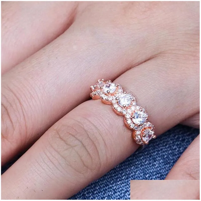 2019 top selling luxury jewelry 925 sterling silver rose gold fill three stone white 5a cubic zirconia eternity women wedding band