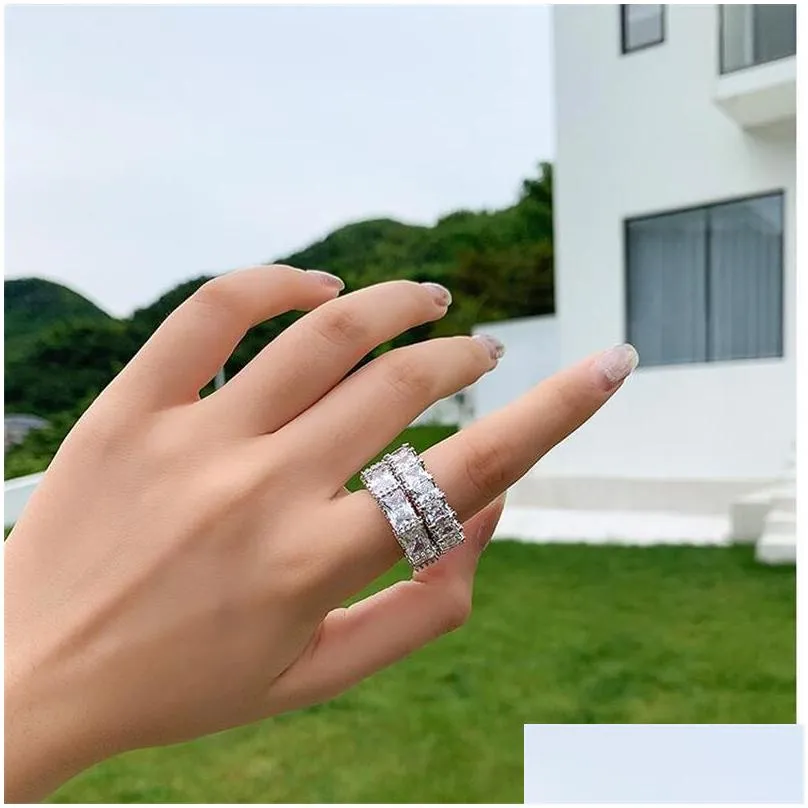 ins top sell brand desgin weddding rings luxury jewelry real 925 sterling silver princess cut white topaz party cz diamond women engagement band ring for love