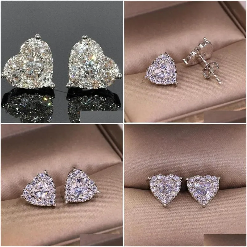 luxury jewelry real 925 sterling silver girl pear cut white topaz cz diamond simple fine party women wedding heart stud earring gift