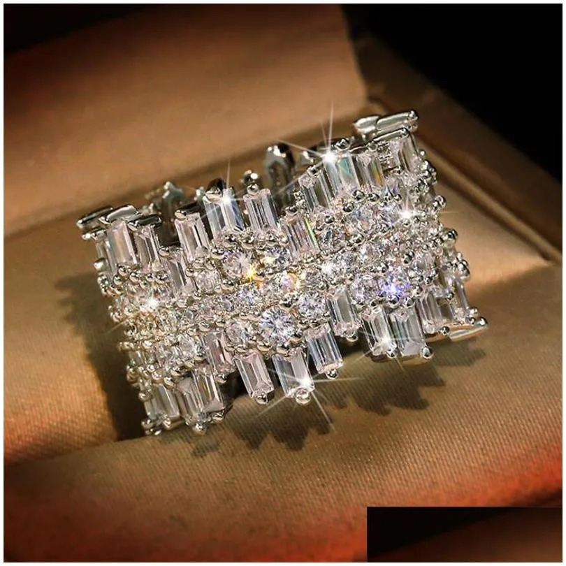 sparkling luxury jewelry top sell 925 sterling silver full princess cut white topaz cz diamond gemstones party women wedding band ring