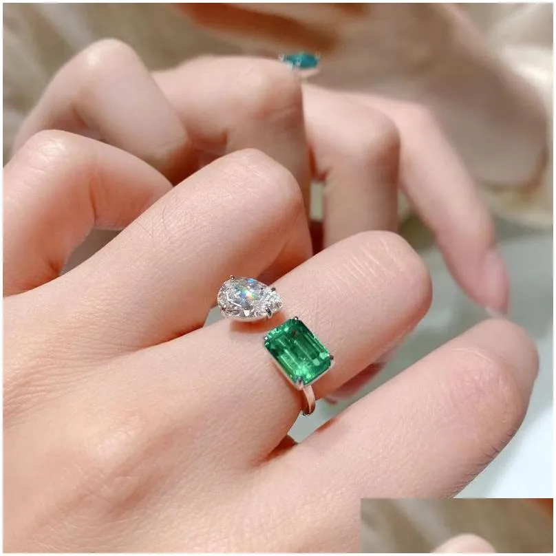 ins simple fashion jewelry wedding rings 925 sterling silver water drop emerald cz diamond gemstones party eternity women open adjusable ring