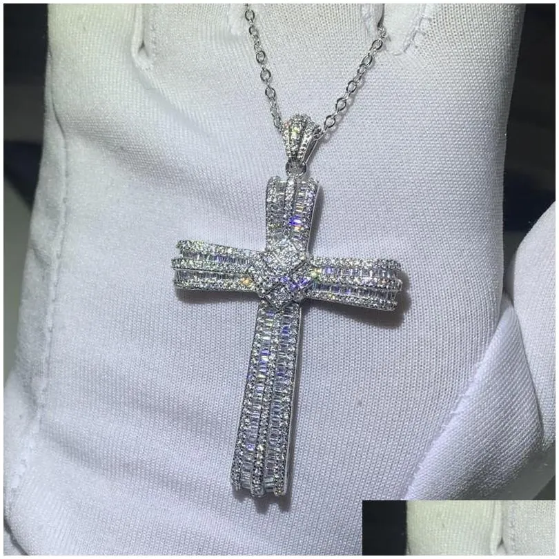 choucong handmade luxury jewelry real 925 sterling silver pave white sapphire cz diamond gemstones cross pendant clavicle chain