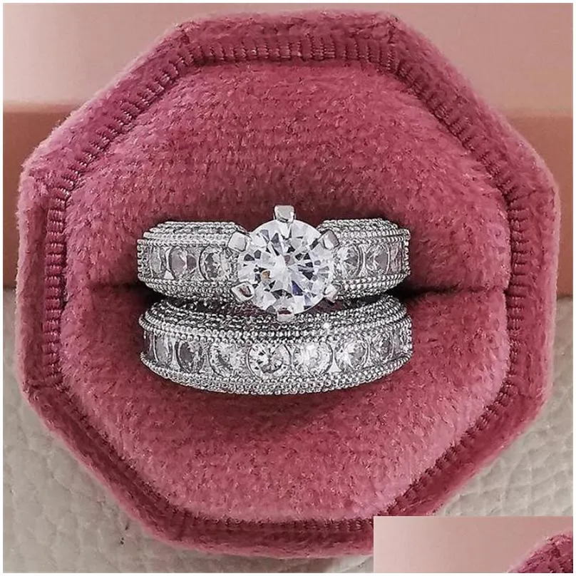 choucong wedding rings vintage jewelry 925 sterling silver round cut white topaz cz diamond gemstones eternity party women promise bridal couple ring set