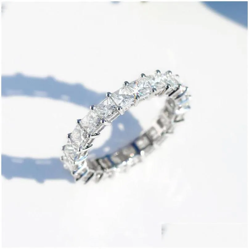 classic fine jewelry 925 sterling silver full princess cut white topaz cz diamond gemstones eternity square party women wedding band