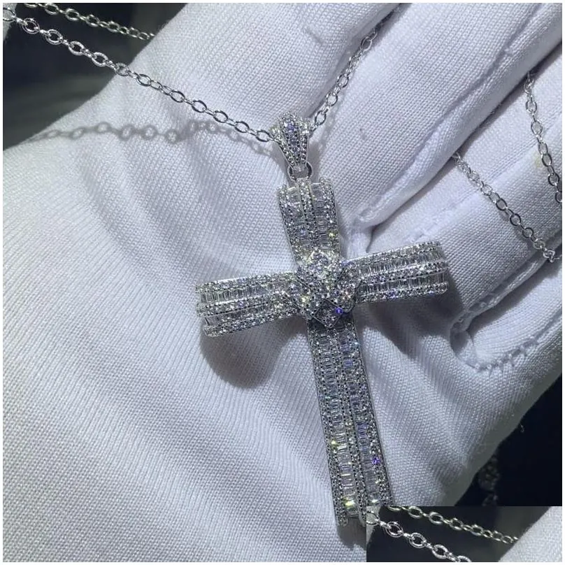 choucong handmade luxury jewelry real 925 sterling silver pave white sapphire cz diamond gemstones cross pendant clavicle chain
