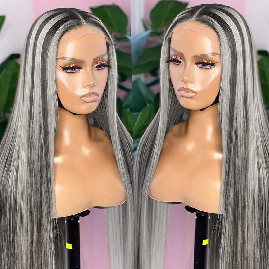 30 34 Inch Highlight Grey Color Wigs Human hair For Women Brazilian Pre Plucked Synthetic Lace Front Wig Preplucked Natural Hairline