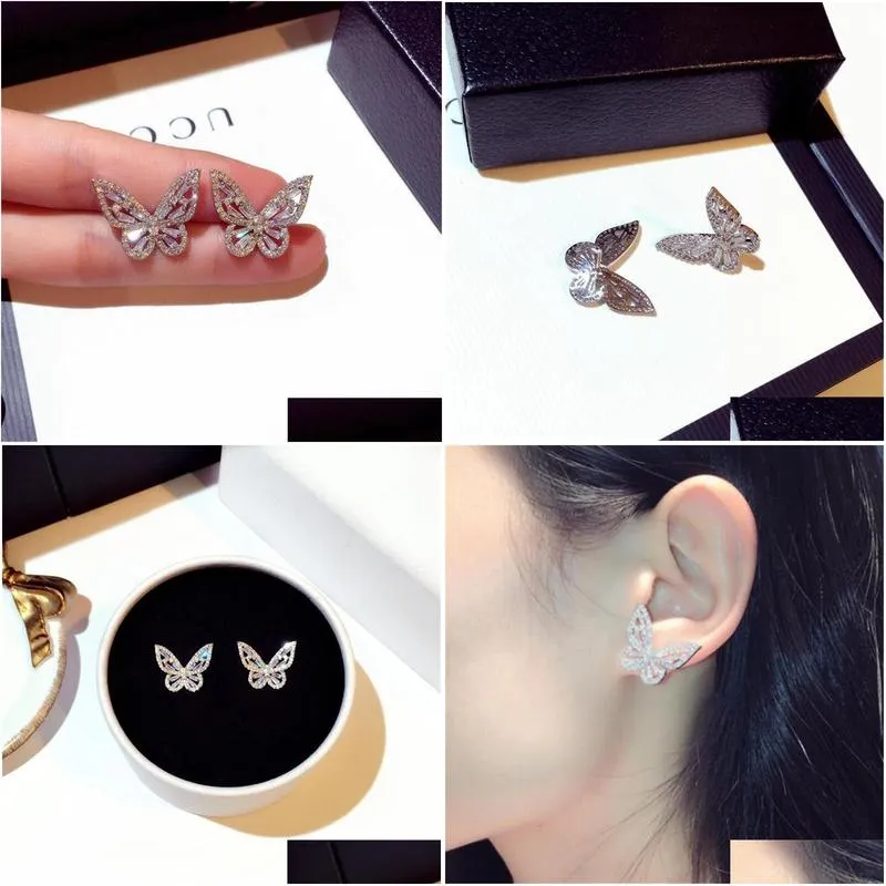 2021 new women fashion jewelry 925 sterling silver princess cut sweet cute white topaz cz diamond ins popular wedding butterfly earring