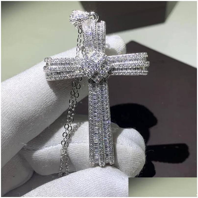 choucong handmade luxury jewelry real 925 sterling silver pave white sapphire cz diamond gemstones cross pendant clavicle chain