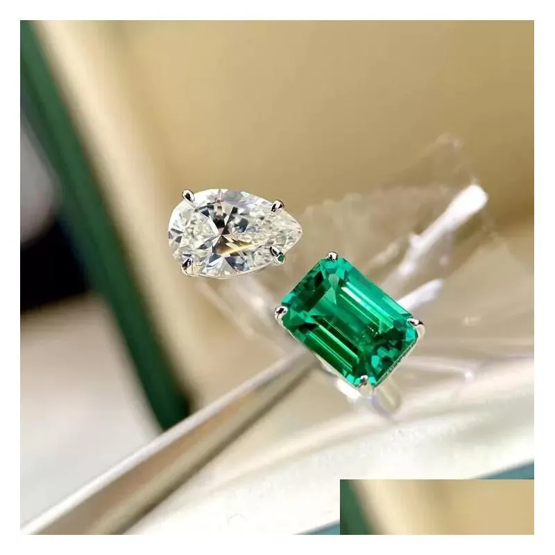 ins simple fashion jewelry wedding rings 925 sterling silver water drop emerald cz diamond gemstones party eternity women open adjusable ring