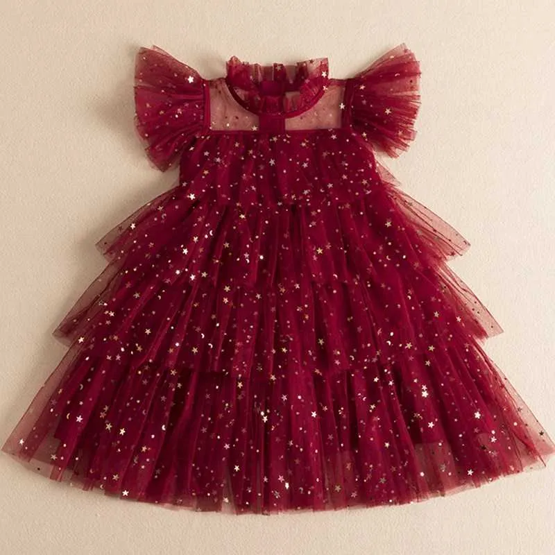 Girl's Dresses 2023 Sequin Party For Girl Shiny Star Pattern Bow Wednesday Carnival Costume Children Christmas New Year Kid Y2303