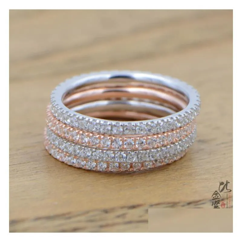 sweet cut simple fashion jewelry 925 sterling silver rose gold fill pave white sapphire cz diamond eternity women wedding band ring