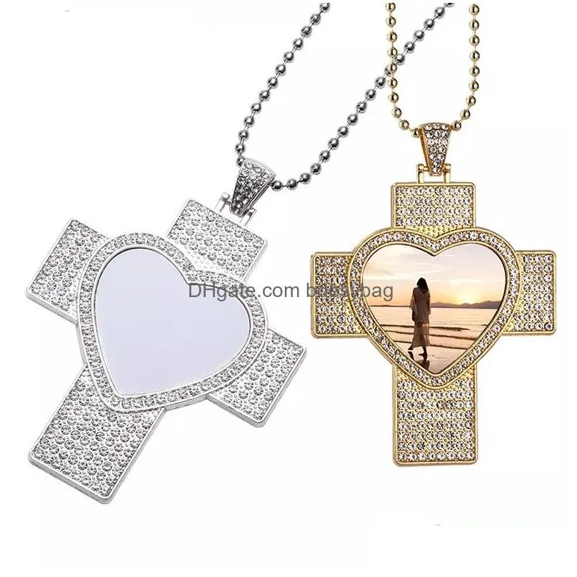 Sublimation Rhinestone Bezel Pendant Trays Blank Crossing Love Heart Necklace With Chain for DIY Craft