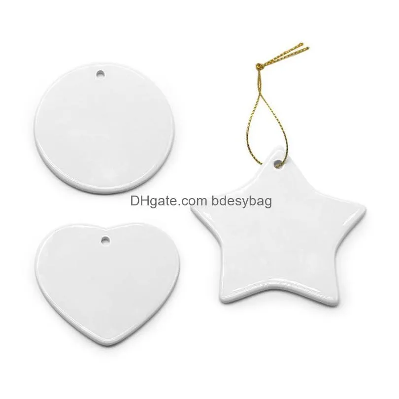 Sublimation Blank Ornament White Ceramic 3 Inch Round Heart Star tree Porcelain Pendant with Gold String for Christmas Tag blanks