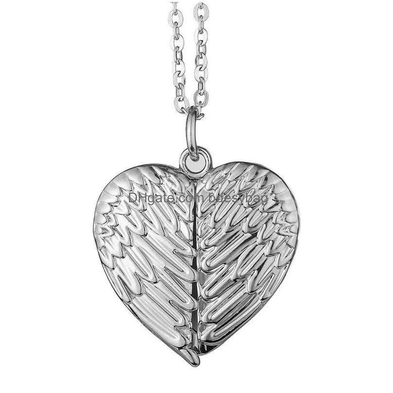 Sublimation Blanks Angel Wing Locket Necklace Personalized Photo Heart Shaped Charm with Chain Blank Necklaces with chain