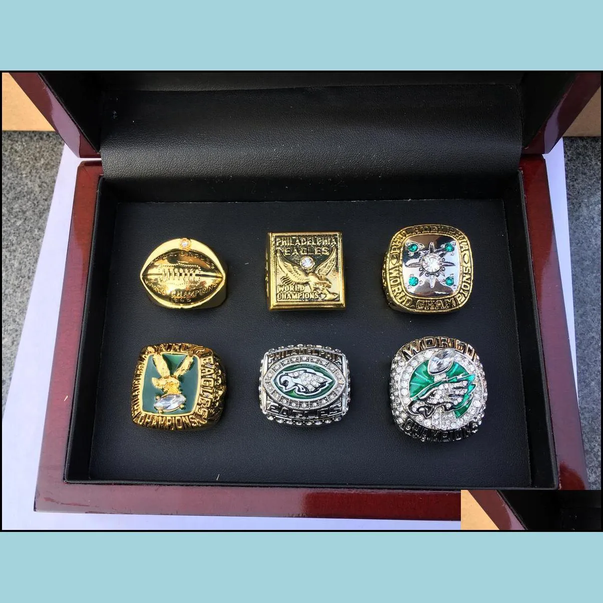 philadelphia 6pcs  american football team champions championship ring set with wooden box souvenir men fan gift 2019