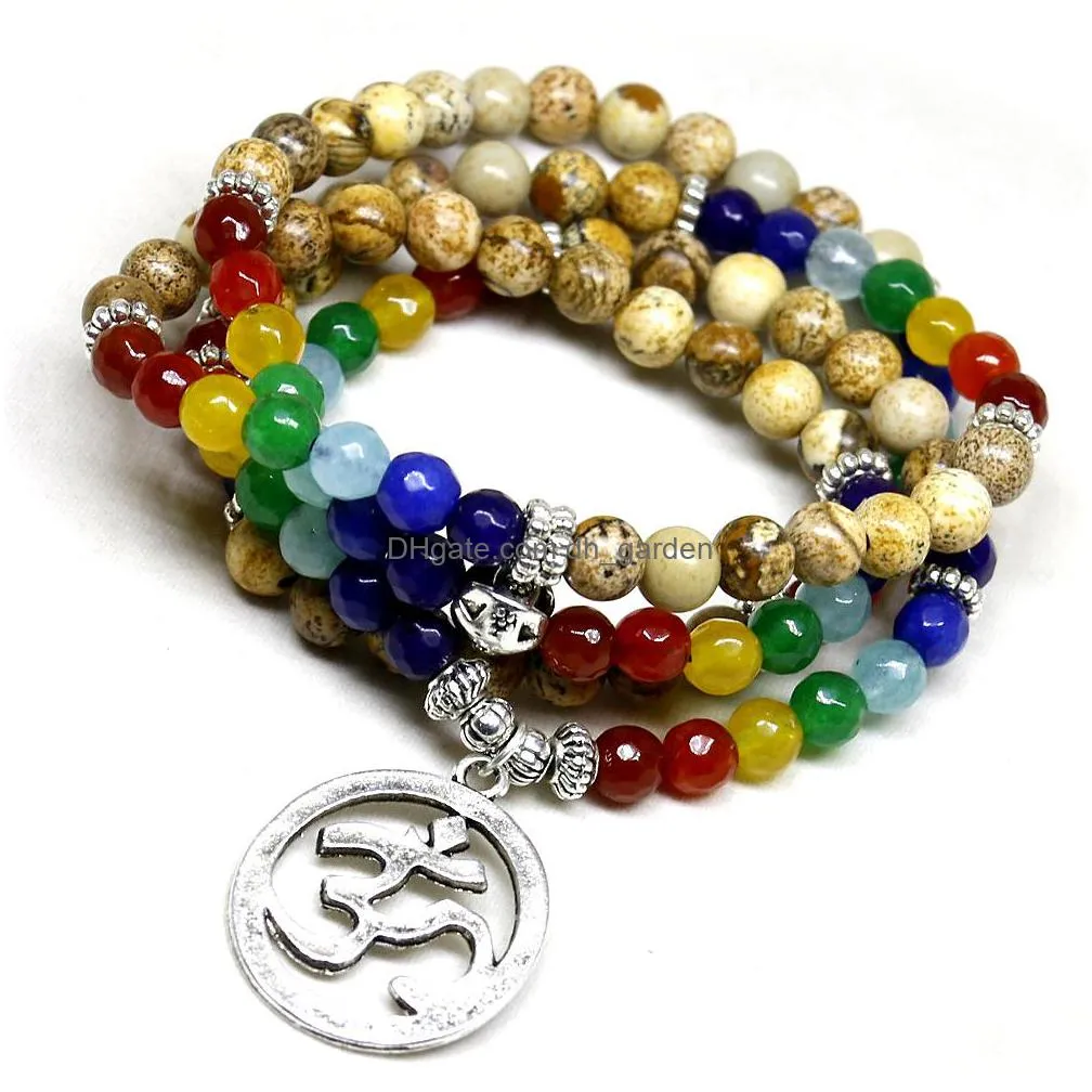 7 chakra healing balance bracelet picture stone gem yoga reiki prayer stone charms 108 bead bracelet multilayer bangle women men