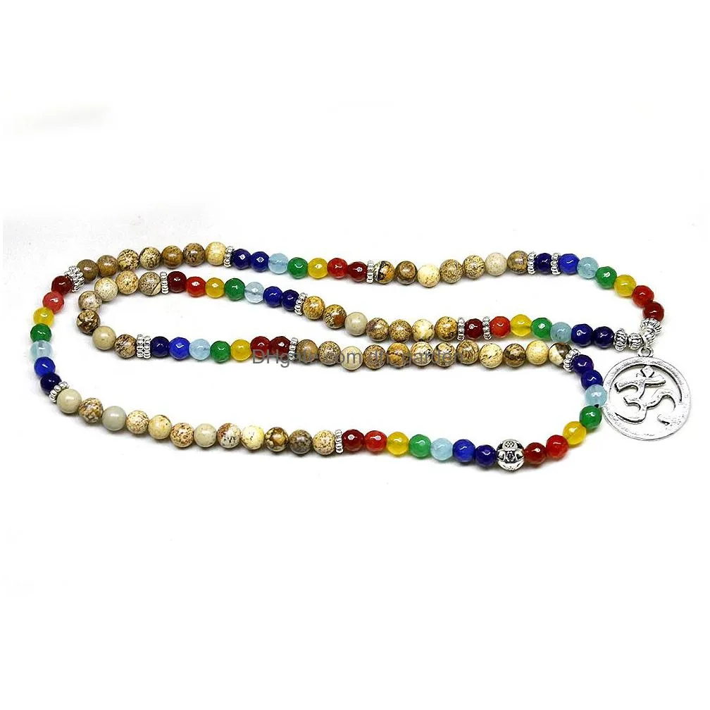 7 chakra healing balance bracelet picture stone gem yoga reiki prayer stone charms 108 bead bracelet multilayer bangle women men