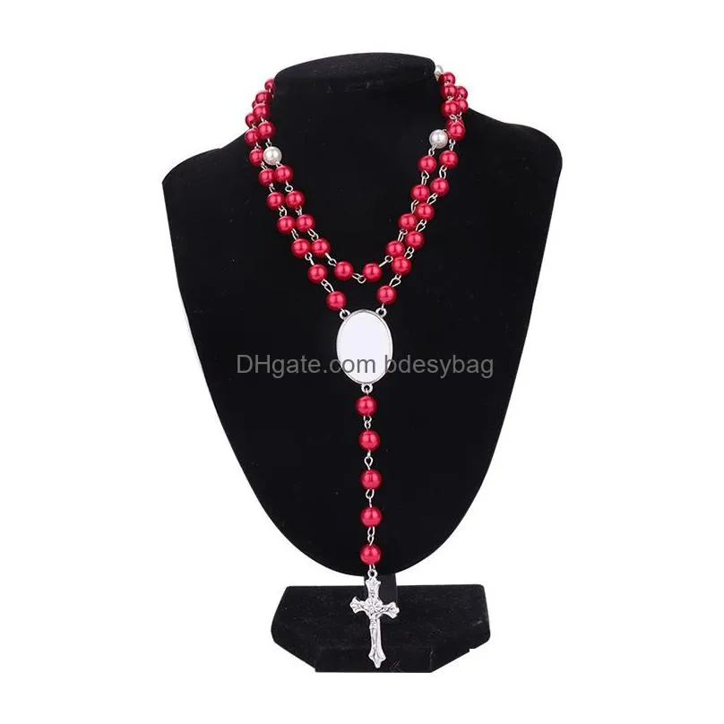 Layered Choker Necklace Sublimation Blanks Pearl Cross Women Pendant Long Rosary Bead Chain Jesus Catholic Crucifix Blank Necklaces