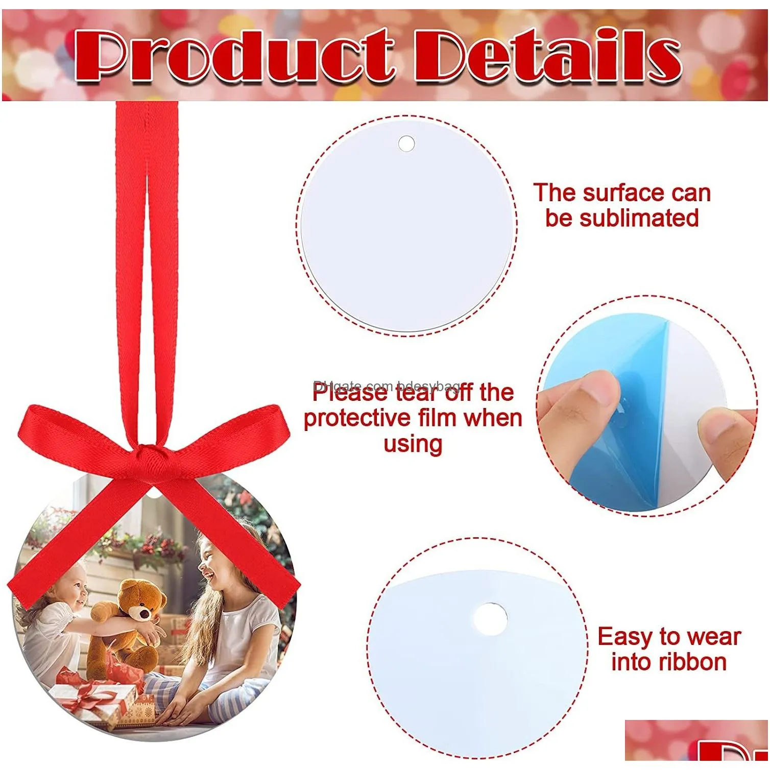 Sublimation Blank Christmas Ornament Aluminum White Ornaments Blanks with Ribbon for DIY Crafting Personalized Hanging Christmas Tree Home