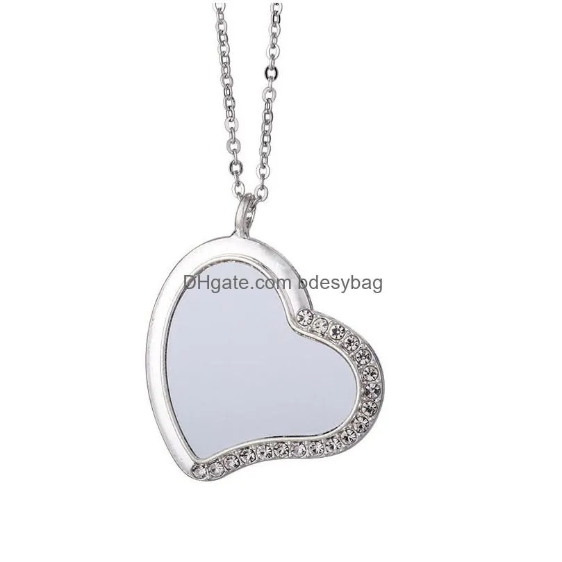 Rhinestone Sublimation Pendant Trays Set Heart Shape Double Sided Blank Charms with Chain Sublimation Blanks Discs Necklaces for Jewelry