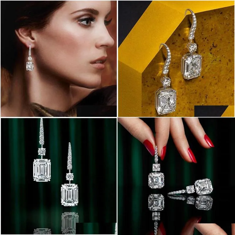 classical luxury jewelry dangle earrings 18k white gold fill emerald cut moissanite diamond zircon party long women wedding brand drop earring for lover