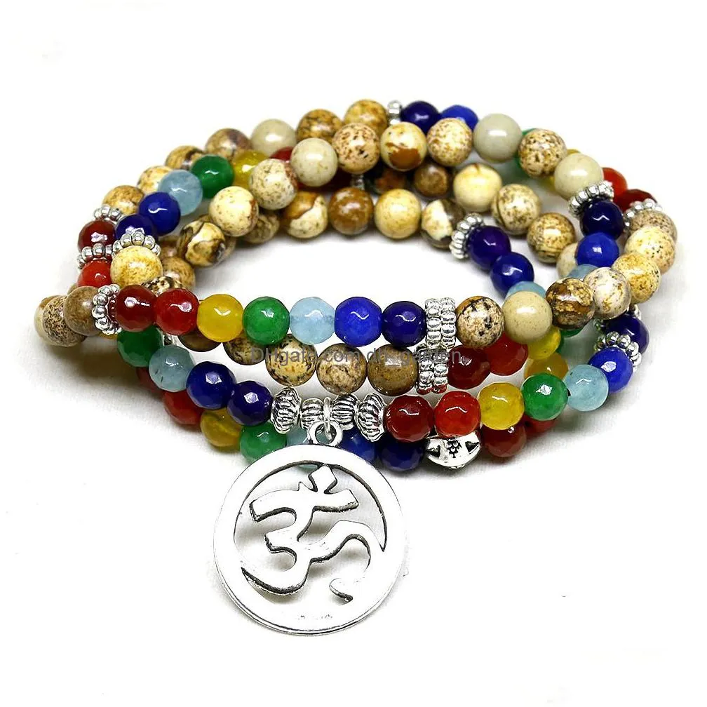 7 chakra healing balance bracelet picture stone gem yoga reiki prayer stone charms 108 bead bracelet multilayer bangle women men