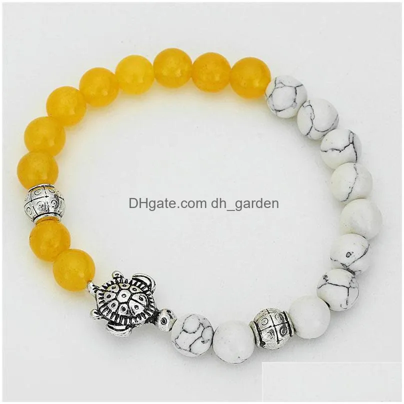 male girl gift bracelet silver color sea turtle charm 8mm howlite and green quartz stone bead yoga elastic men bracelet