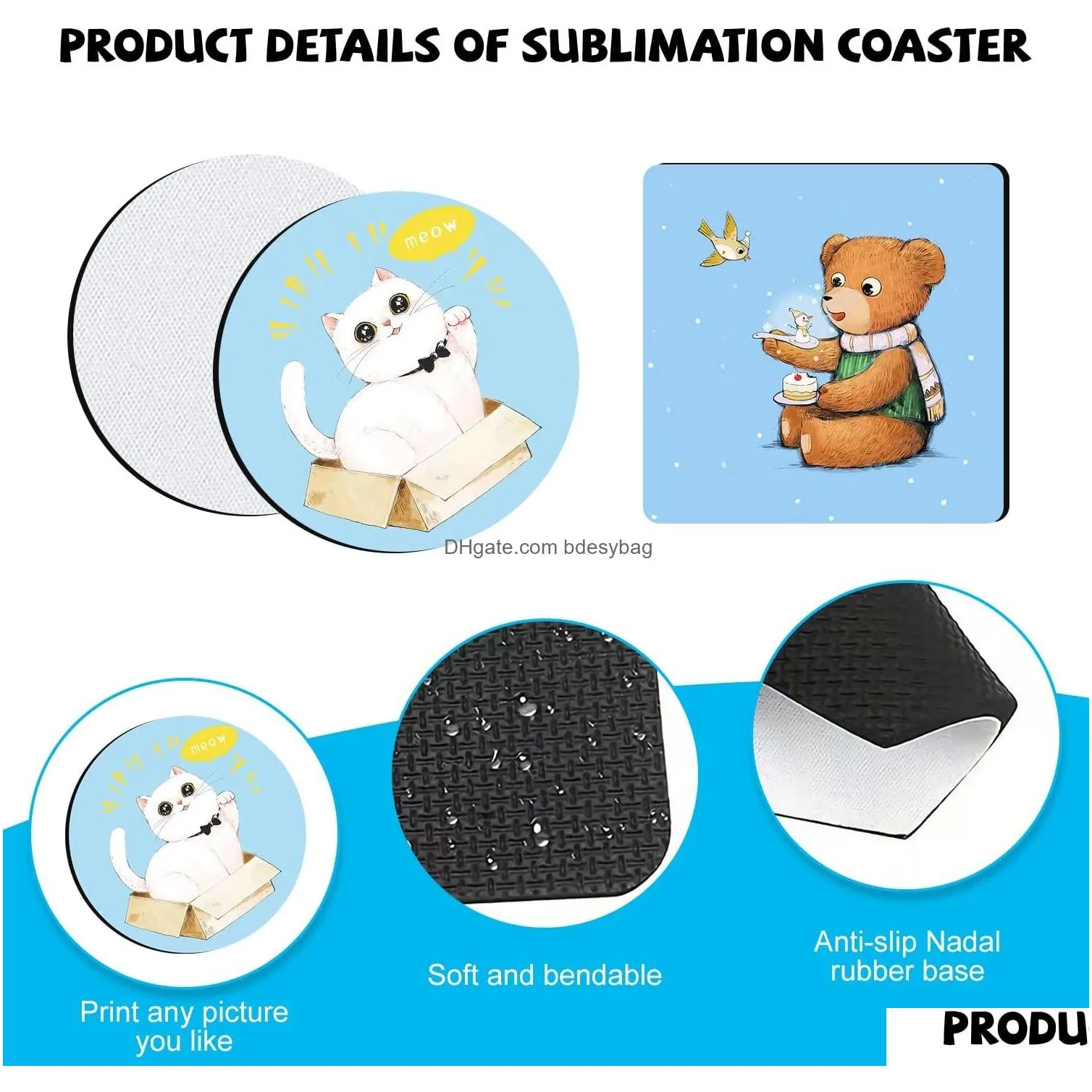 Coaster blank sublimation car round square neoprene Rubber cup coaster blanks